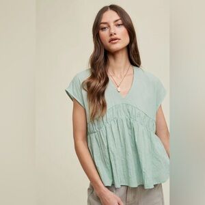 Wishlist Mint Green V-Neck Cap Sleeve Smocked Babydoll Top